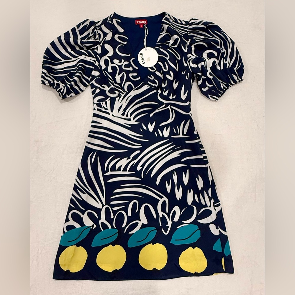 NWT STAUD Mini Milla Dress in Navy Lemon Print - Picture 2 of 4